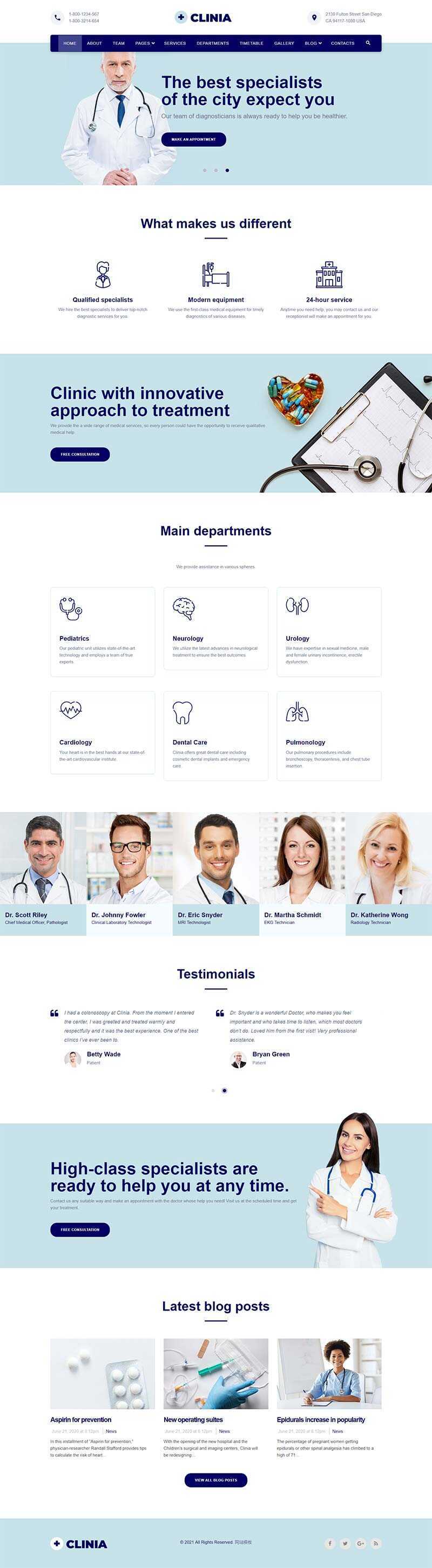 bootstrap蓝色医疗诊所服务网站HTML5模板 - 天能资源