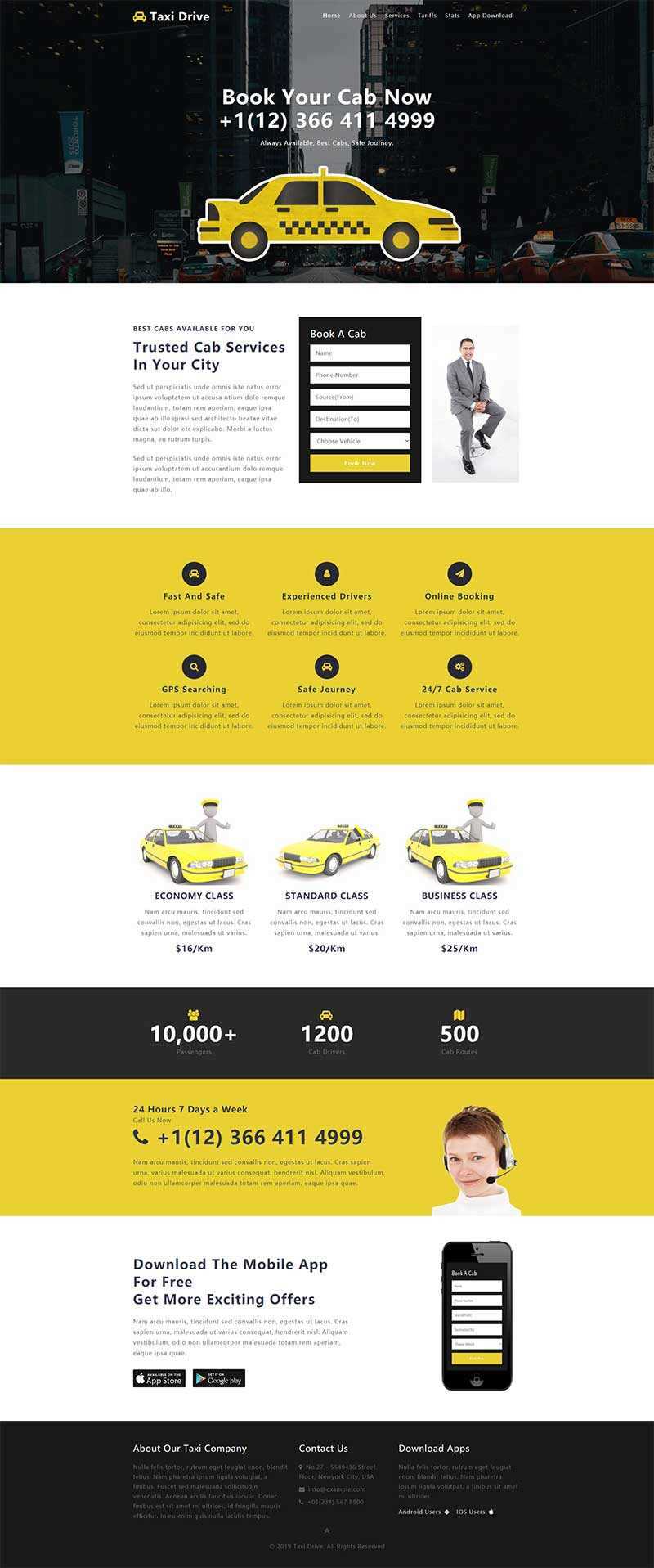黄色出租车服务网站单页响应式网页html模板 - 天能资源