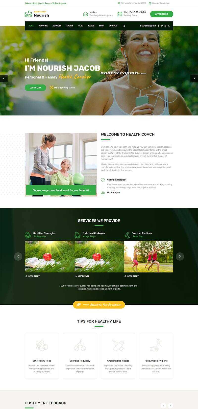 Bootstrap绿色的健康指导生活服务网站html模板 - 天能资源